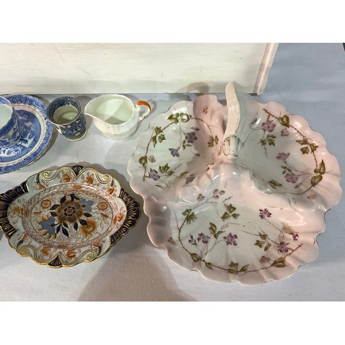 144 - BOX OF VICTORIAN AND LATER CHINA TO INCLUDE IRONSTONE TANKARD WITH FROG,BISCUIT BARRELL,ORDOURVE DIS... 