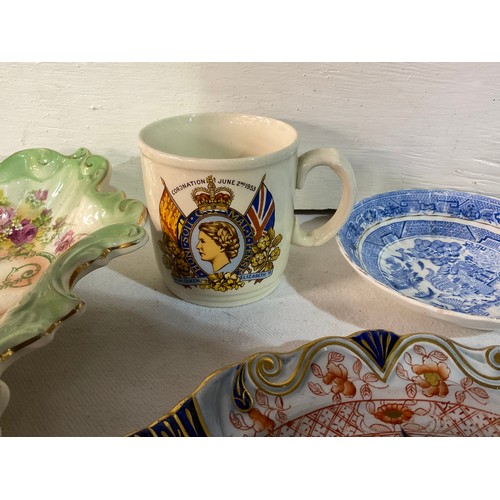 144 - BOX OF VICTORIAN AND LATER CHINA TO INCLUDE IRONSTONE TANKARD WITH FROG,BISCUIT BARRELL,ORDOURVE DIS... 