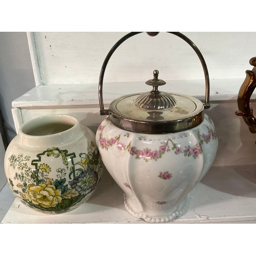 144 - BOX OF VICTORIAN AND LATER CHINA TO INCLUDE IRONSTONE TANKARD WITH FROG,BISCUIT BARRELL,ORDOURVE DIS... 