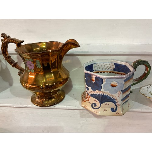 144 - BOX OF VICTORIAN AND LATER CHINA TO INCLUDE IRONSTONE TANKARD WITH FROG,BISCUIT BARRELL,ORDOURVE DIS... 