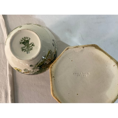 144 - BOX OF VICTORIAN AND LATER CHINA TO INCLUDE IRONSTONE TANKARD WITH FROG,BISCUIT BARRELL,ORDOURVE DIS... 