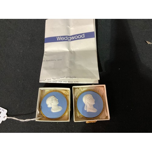 139 - PAIR OF VICTORIAN JASPER WEDGWOOD BROOCHS WITH LETTER FROM WEDGWOOD MUSEUM