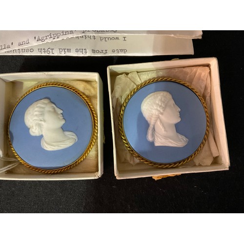 139 - PAIR OF VICTORIAN JASPER WEDGWOOD BROOCHS WITH LETTER FROM WEDGWOOD MUSEUM