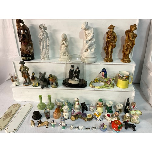 147 - BOX OF VICTORIAN AND LATER CHINA TO INCLUDE GLASS DOME FIGURES ETC