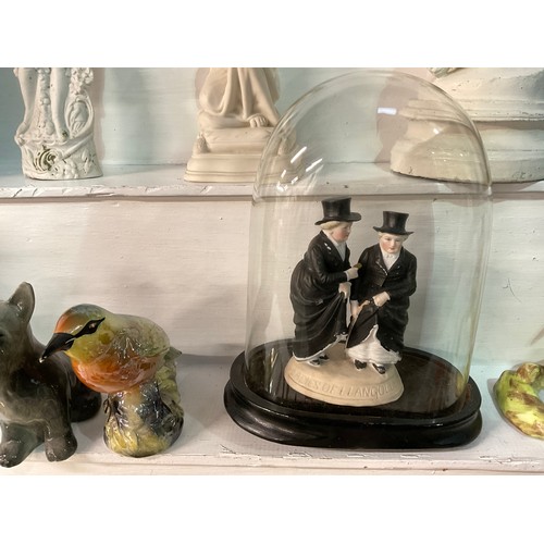 147 - BOX OF VICTORIAN AND LATER CHINA TO INCLUDE GLASS DOME FIGURES ETC