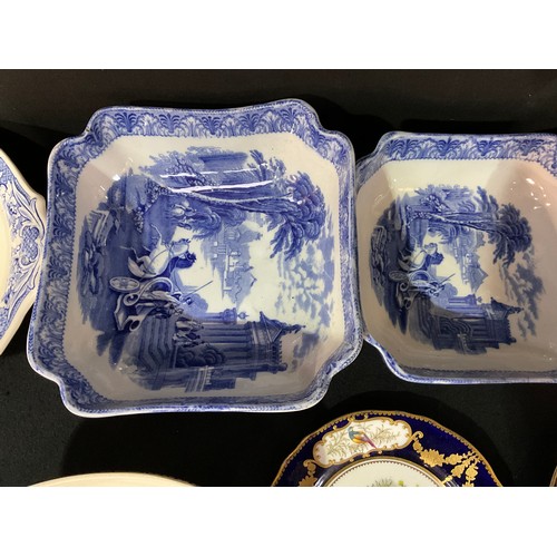 162 - BOX OF VICTORIAN AND LATER CHINA TO INCLUDE SET OF THREE BLUE AND WHITE CAULDON BOWLS, LUSTRED BOWL ... 