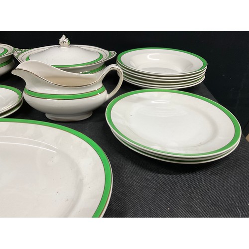 173 - BOX OF SOLIAMWARE DINNERWARE TO INCLUDE TURREENS, MEATPLATE ETC - QUEENS GREEN PATTERN AND A BOX OF ... 