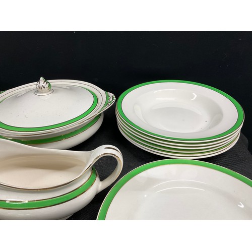 173 - BOX OF SOLIAMWARE DINNERWARE TO INCLUDE TURREENS, MEATPLATE ETC - QUEENS GREEN PATTERN AND A BOX OF ... 