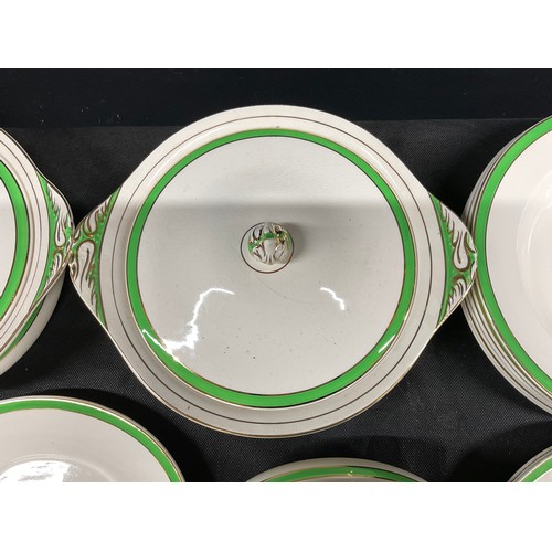 173 - BOX OF SOLIAMWARE DINNERWARE TO INCLUDE TURREENS, MEATPLATE ETC - QUEENS GREEN PATTERN AND A BOX OF ... 