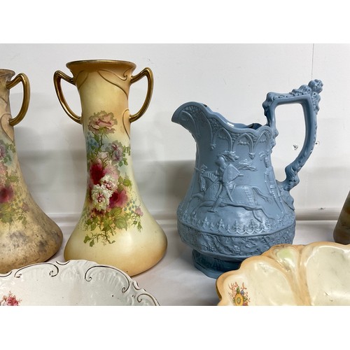 175 - BOX OF VICTORIAN VASES ETC TO INCLUDE A LARGE RIDGEWAY DUALLING SCENE JUG, PAIR OF ROYAL DEVON VASES... 