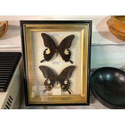 182 - BOX OF WOODEN ITMES FRAMED BUTTERFLIES AND A VINTAGE PROJECTOR