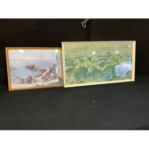 190 - FRAMED VERNON WARD HARBOUR SCENE PRINT AND THE RETRO PRANCING HORSES PRINT 18”X34”