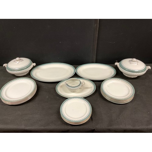 208 - BOX OF W. HULME DINNER SERVICE INCLUDING PLATTERS, LIDDED TUREENS, DINNER PLATES ETC 24 PIECES