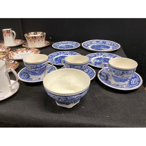 210 - TWO BOXES OF CHINA TO INCLUDE DECORATIVE PHOENIX WARE, VINTAGE BLUE AND WHITE CUPS, SAUCERS AND PLAT... 