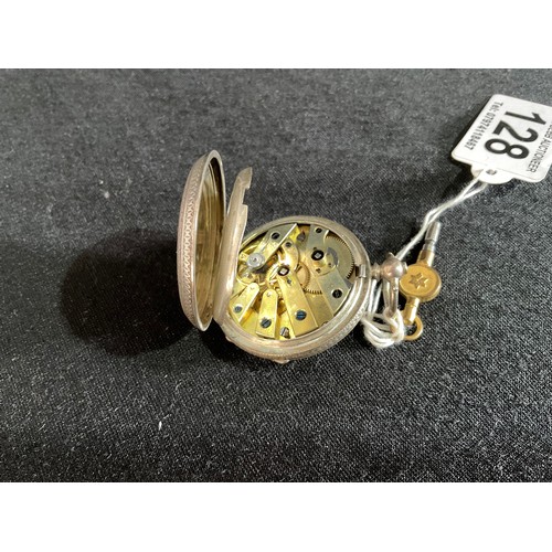 128 - VICTORIAN HALLMARKED SILVER AND ENGRAVED FOB WATCH WITH GOLD FINGERS AND KEY - KENDAL & DENT