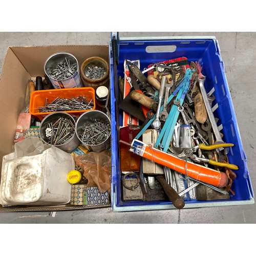 241 - BOX AND CRATE OF TOOLS NAILS HARDWARE ETC