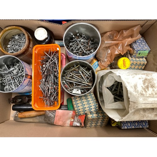 241 - BOX AND CRATE OF TOOLS NAILS HARDWARE ETC