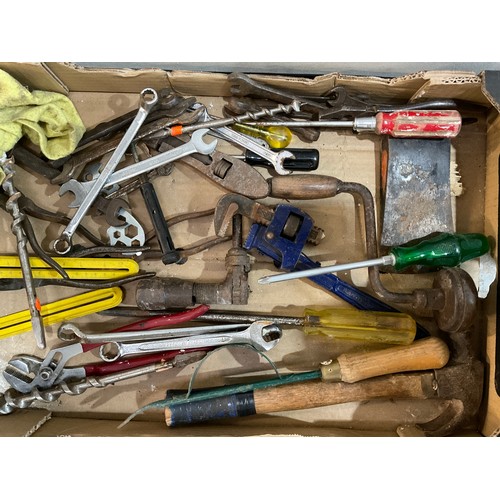 287 - BOX OF TOOLS INCLUDING TILLEY LAMP