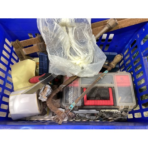 292 - CRATE OF HARDWARE AND TOOLS LARGE STANLEY TOOL BOX AND CONTENTS