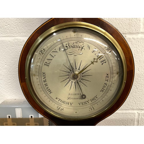 295 - VICTORIAN MAHOGANY INLAID BANJO WALL BAROMETER