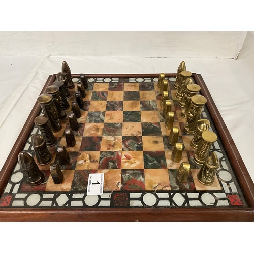 1 - MODERN CHESS SET WITH MARBLE CHESS BOARD AND HEAVY BRASS CHESS PEICES (COMPLETE)