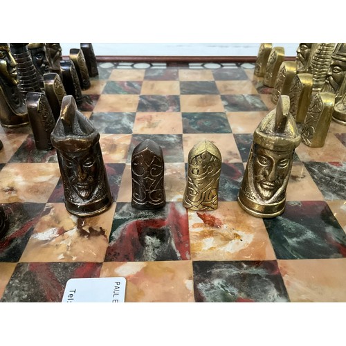 1 - MODERN CHESS SET WITH MARBLE CHESS BOARD AND HEAVY BRASS CHESS PEICES (COMPLETE)