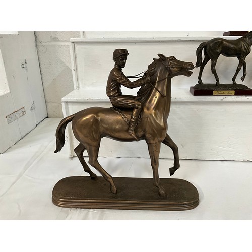 2 - 3 BRONZED HORSE AND JOCKEY FIGURES AND 2 HORSE FIGURES