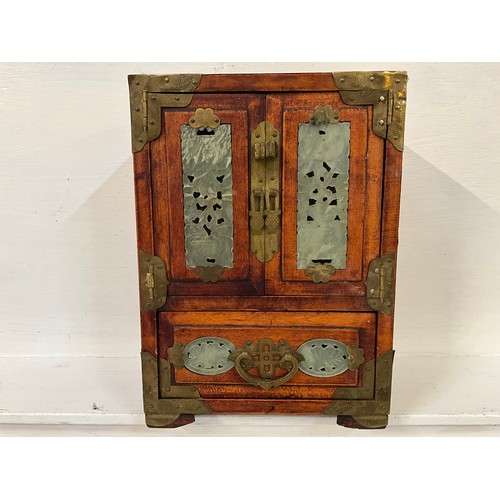 16 - CHINESE STYLE JEWELLERY CABINET WITH 3 INTERIOR DRAWERS AND BRASS FITTINGS