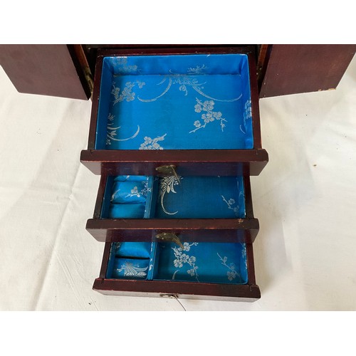 16 - CHINESE STYLE JEWELLERY CABINET WITH 3 INTERIOR DRAWERS AND BRASS FITTINGS