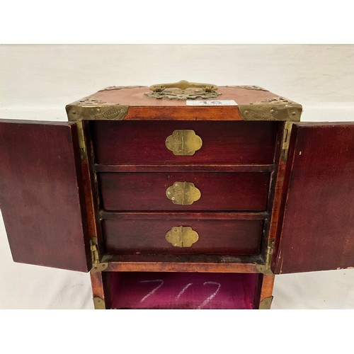 16 - CHINESE STYLE JEWELLERY CABINET WITH 3 INTERIOR DRAWERS AND BRASS FITTINGS