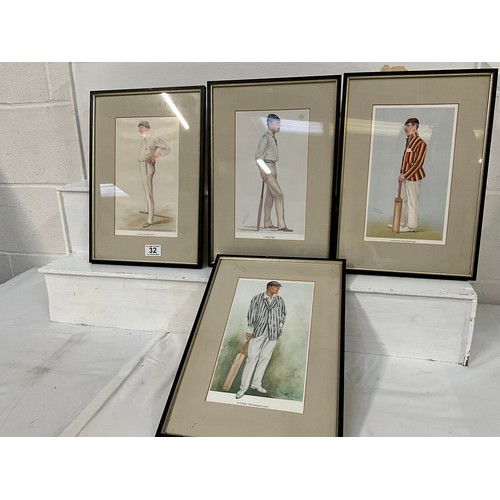 32 - 4 FRAMED VINTAGE SPY CRICKETING PRINTS 15”X11”