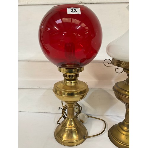 33 - 2 BRASS OIL LAMPS AND A ELECTRIC EXAMPLE H21”