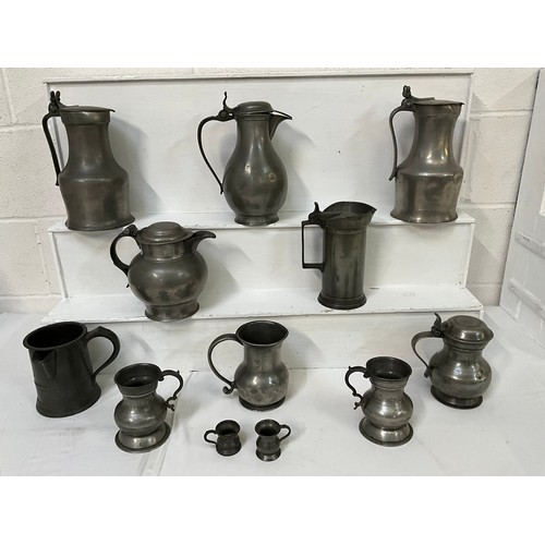 36 - BOX OF EARLY PEWTER ITEMS TO INCLUDE TANKARDS JUGS ETC