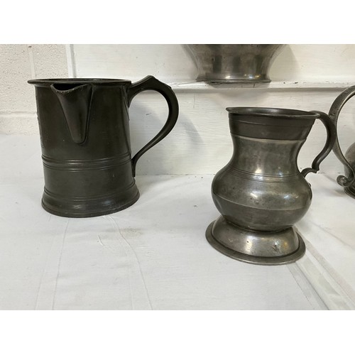 36 - BOX OF EARLY PEWTER ITEMS TO INCLUDE TANKARDS JUGS ETC