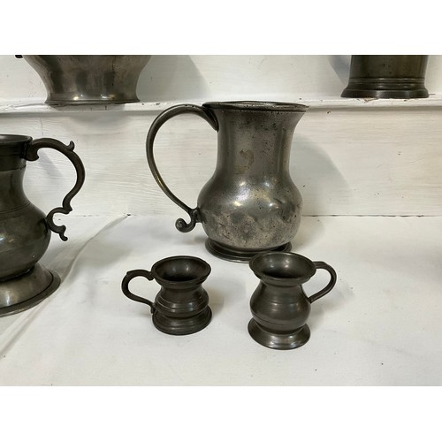 36 - BOX OF EARLY PEWTER ITEMS TO INCLUDE TANKARDS JUGS ETC