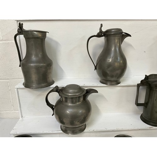 36 - BOX OF EARLY PEWTER ITEMS TO INCLUDE TANKARDS JUGS ETC