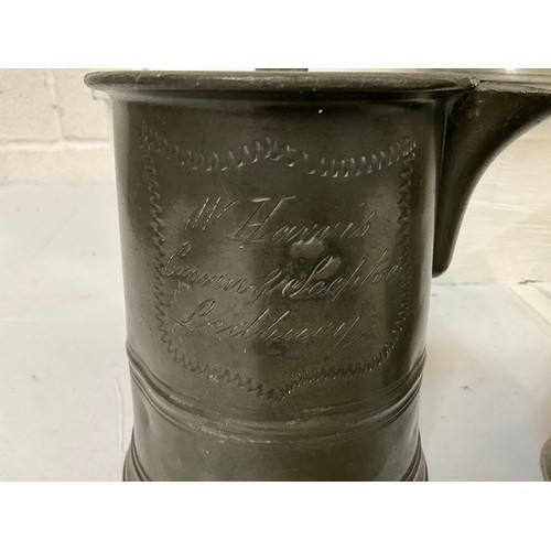 36 - BOX OF EARLY PEWTER ITEMS TO INCLUDE TANKARDS JUGS ETC