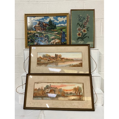 39 - 2 FRAMED TAPESTRIES AND 2 FRAMED WATERCOLOURS A/F 14”X28”