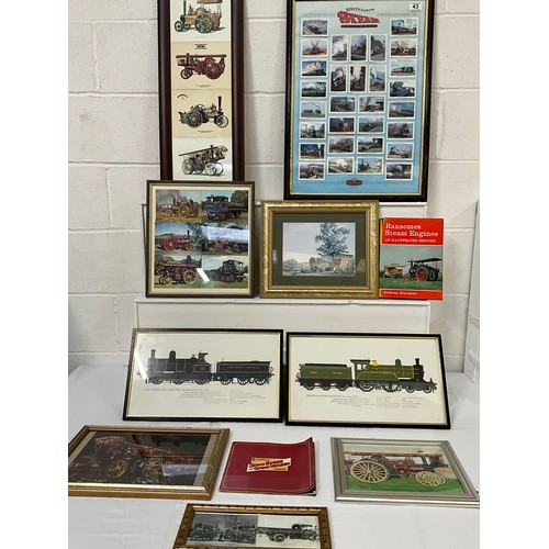 43 - QTY OF STEAM ENGINE RELATED ITEMS - MOSTLY PICTURES ETC 25”X18”