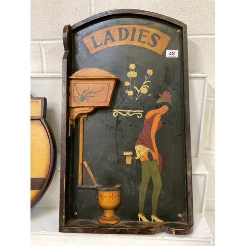 48 - WOODEN LADIES SIGN AND JAZZ PLAQUE 28”X16”