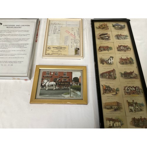 49 - BOX OF FRAMED PICTURES TO INCLUDE PORSCHE,FERRARI ADVERTISING PICTURES STAGE COACHS ETC 21”X18”