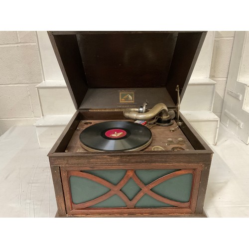 55 - VINTAGE OAK CASED HIS MASTERS VOICE GRAMOPHONE WITH HANDLE