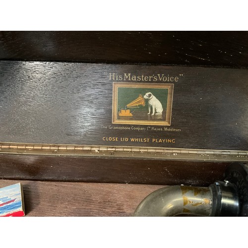 55 - VINTAGE OAK CASED HIS MASTERS VOICE GRAMOPHONE WITH HANDLE