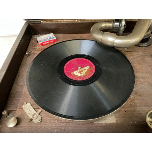 55 - VINTAGE OAK CASED HIS MASTERS VOICE GRAMOPHONE WITH HANDLE