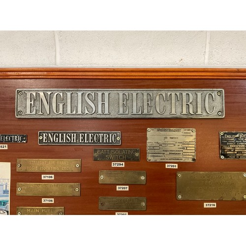 74 - COLLECTION OF ENGLISH ELECTRIC BRASS PLATES ETC MOUNTED ON A WALL BOARD 12”X36”