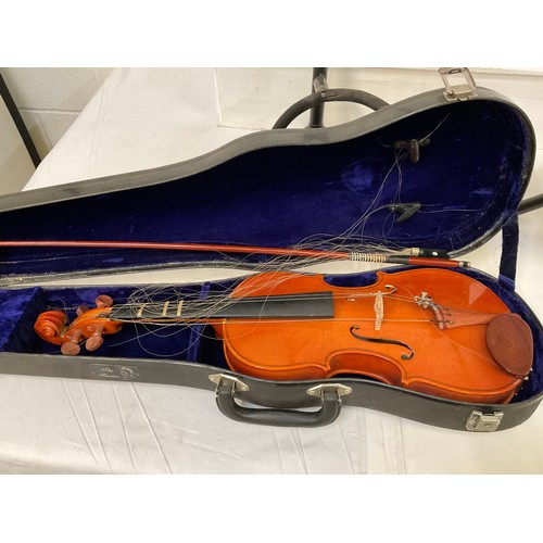 76 - ORNAMENTAL BANJO WITH RECORD TO FRONT UKULELE CASE AND VOILIN IN CASE AND TWO GUITAR STANDS