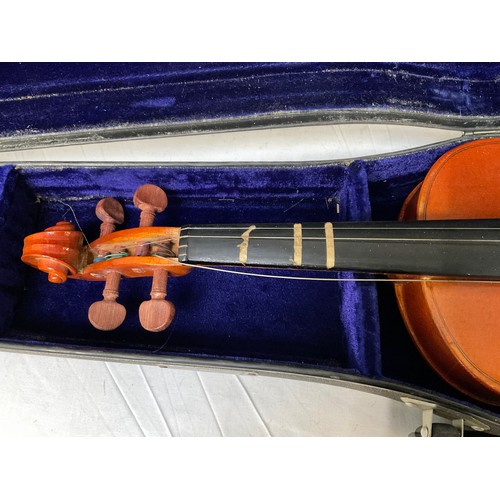 76 - ORNAMENTAL BANJO WITH RECORD TO FRONT UKULELE CASE AND VOILIN IN CASE AND TWO GUITAR STANDS