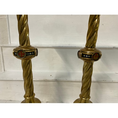 90 - PAIR OF LARGE BRASS RELIGOUS ATLAR CANDLESTICKS WITH TWISTED STEMS AND RISEN ON LIONS PAW FEET H22”