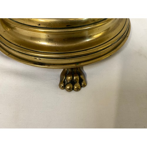 90 - PAIR OF LARGE BRASS RELIGOUS ATLAR CANDLESTICKS WITH TWISTED STEMS AND RISEN ON LIONS PAW FEET H22”