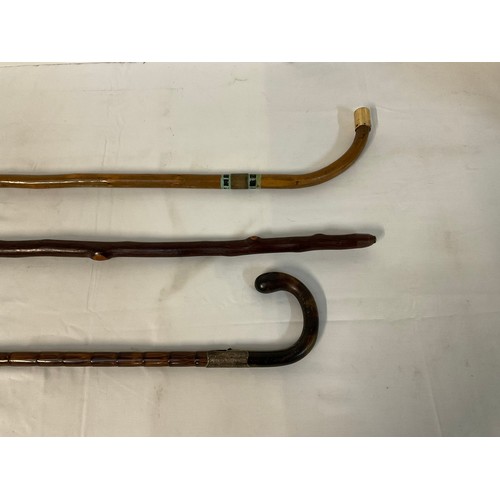 98 - 3 VINTAGE WALKING STICKS TO INCLUDE HALLMARKED SILVER FERRELLED EXAMPLE